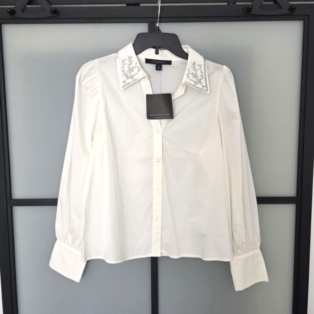 MARC NEW YORK Elegant White Blouse with Embroidered Collar Size S